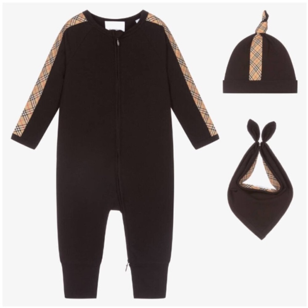 Baby Boys Claude Mini Check 3 Piece Romper Set in black